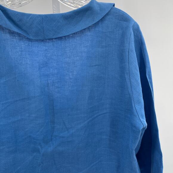 Christopher Calvin Blue Linen Ruffle V Neck 3/4 Sleeve Blouse Pullover Top S - Picture 4 of 8